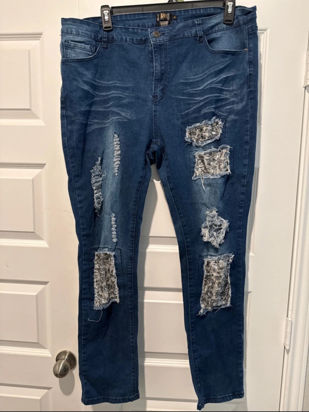 L&B Dark Blue Skinny Jeans with Distressed Patch Accents